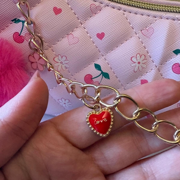 Y2K Pink Quilted Baguette Bag Cherry Print with Pom Pom Charm- NWT Under One Sky - Picture 8 of 11
